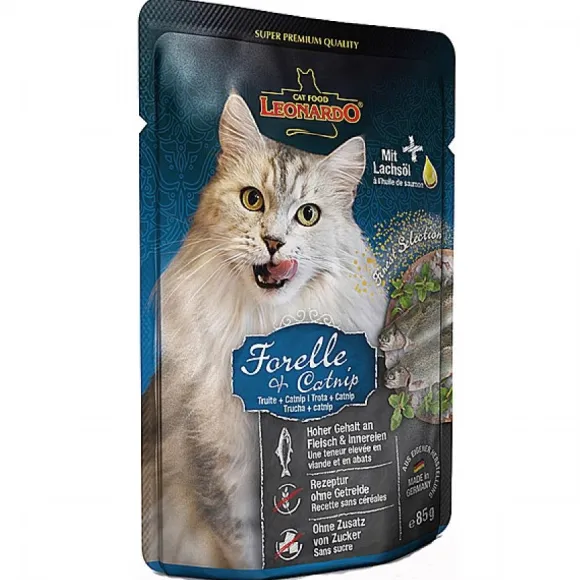 Leonardo Pouch Trucha Y Hierba Gatera Alimento H Medo Para Gatos 85Gr