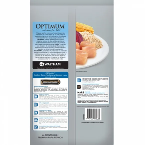 Optimum Adulto Raza Mediana Y Grande Sabor Pollo Y Arroz Alimento Para Perros