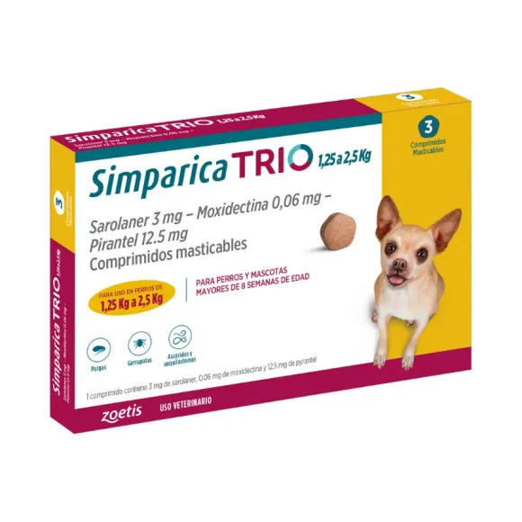 Simparica Trio 1.3 - 2.5 Kg Antiparasitario Para Perros Caja 3 Comprimidos